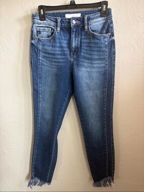 KanCan Dark Wash Cropped Ankle Jeans with Frayed Hem